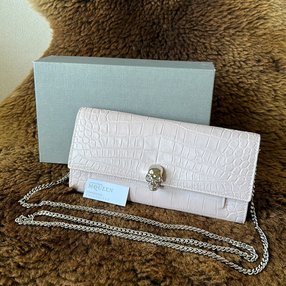 Alexander McQueen Skull Calfskin Crocodile Embossed Wallet on Chain